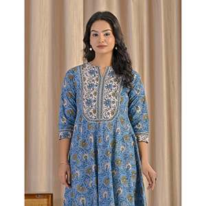 Vestido Anarkali gris verdoso con estampado a mano, ropa étnica pakistaní india cosida para niñas, ideal para fiestas. - Product Image 1