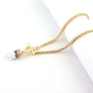 Fine Jewelry Collection Bullet Shape Natural Dendrite Opal Pendant Gold Plated Twisted Rope Chain Toggle Clasp Pendant Necklace
