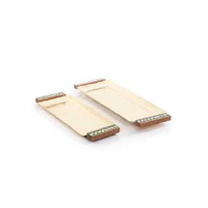 Ensemble de deux tailles différentes de plateau de service alimentaire en acier inoxydable plateau à chocolats avec poignées en bois en vrac - Product Image 4