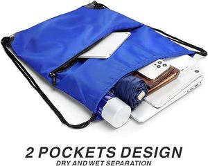 Hemistyles Blue <b>Drawstring</b> <b>Backpack</b> Nylon Gym Sports Bag 30-40L Lightweight with Front Zipper Pocket for Travel Outdoor - Product Image 5