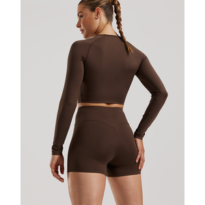 Prix usine cacao femmes essentiel manches longues haut court 4 voies extensible doux et léger entraînement haut court t-shirts pour femmes - Product Image 6