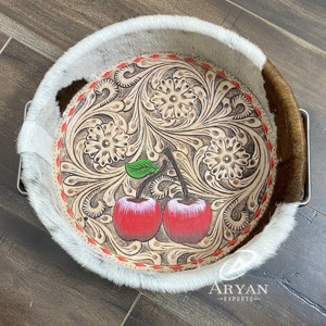 Premium Hand Tooled Floral & Apple Motif Design Rustic Serving Tray Western Cowhide Leather Round Farmhouse Storage Organizer - Product Image 1