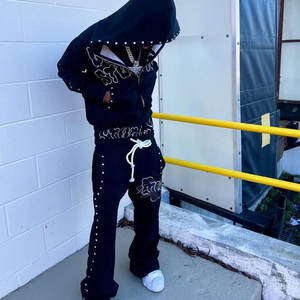 Relaxed Fit Customized Logo Printed Rhinestone Tracksuit For Daily Wear Shiny Rhinestone Hoodie And Track <b>Pants</b> Set - Product Image 5