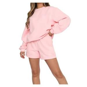 Conjunto de 2 piezas de algodón polar personalizado al por mayor para mujer: Sudadera con capucha oversize y pantalón corto de color liso para descanso. - Product Image 5