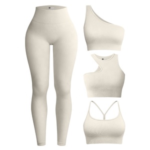 4 Piece Women Fitness Set Ribbed Yoga Wear Sports Bra One Shoulder Top High Waist <b>Leggings</b> Workout Outfits - Product Image 3
