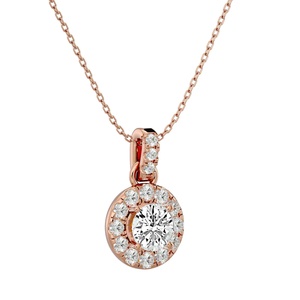 Collier pendentif en or rose avec diamant rond taille brillant, serti en halo, chaîne classique pour femme - Product Image 2