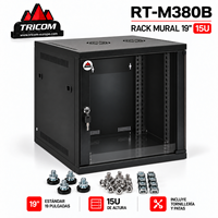 TRICOM Wall-Mount 15U 19-inci Kabinet Rak Server Hitam Pintu Kaca Logam Kedalaman 60cm Tinggi 72cm Lebar 54cm
