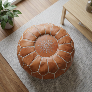Round Embroidered Leather Pouf Cushion <b>Cover</b> Bohemian Style Handmade Stitched Design Home Decor - Product Image 1