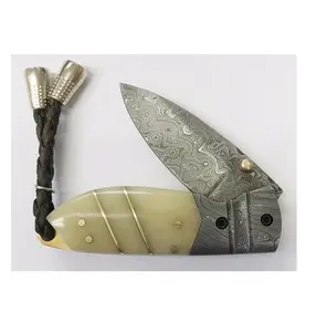 Damascus Steel Folding Knife & Brass engraved bolster Hand Made High Quality Pocket Knife