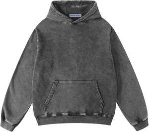 Sweat à capuche pour homme, effet délavé, 100% coton molletonné, respirant, coupe classique, épaules tombantes, poche, long, décontracté - Product Image 1