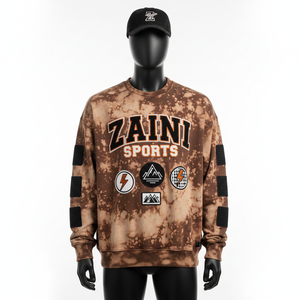 Sudaderas Básicas de Algodón Suave de 350 GSM con Tinte Anudado en Color Marrón, Paneles de Manga con Parches, Logotipo Personalizado y Bordado Chenille - Product Image 1