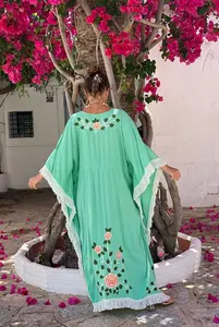 2025 Turquoise col en v broderie longue caftan Maxi robe pour femmes été plage dentelle parole longueur rayonne bohème caftan - Product Image 4