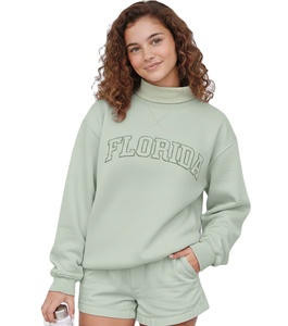 Sweat-shirt à col montant vert clair pour femme, en coton tricoté brodé, coupe ample, manches longues avec poches - Product Image 1