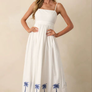 Vestido Maxi de Alta Calidad, Bordado a Mano, Tejido Natural, Lavable, 100% Algodón, Manga Corta, Casual, Blanco, para Mujer - Product Image 1