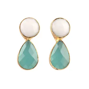 Best selling white agate & aqua chalcedony gold plated teardrop earrings double stone statement push back stud drop earrings