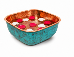 Handcrafted Copper Pedicure Bowl With Hammered Texture <b>Teal</b> Exterior For Spa Use - Product Image 1