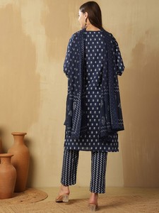 Motivos étnicos azul marino estampado puro algodón muesca-Cuello Kurta con pantalones y Dupatta - Product Image 6