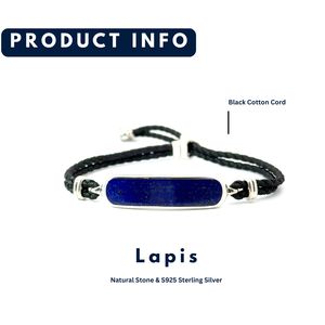 Brazalete Elegante para Mujer, Rectangular Redondeado, Plata 925, Cristal Lapislázuli, Tamaño Ajustable, Personalizable, con Cordón y Cuentas |   OEM - Product Image 2