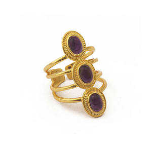Simple Fashion Jewelry Oval Shape Purple Amethyst Three Gemstone Back Open <b>Ring</b> Designer Gold Plated Adjustable Four Bands <b>Ring</b> - Product Image 2