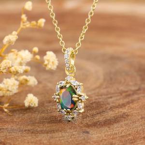 Collar con Colgante de Ópalo Ovalado Negro para Mujer, Ópalo de Fuego Hecho a Mano, Joyería de Piedra Natal de Octubre, Plata de Ley Chapada en Oro - Product Image 2