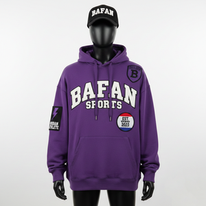Sweat-shirt streetwear basique surdimensionné avec logo personnalisé, broderie et patch en chenille, couleur violet, polaire doux 350 GSM - Product Image 1