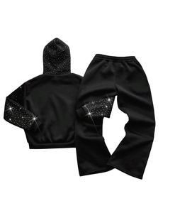 Unisex High Quality Custom Trendy Bling <b>Black</b> Rhinestone Embroidered Full <b>Zip</b> Thermal Fleece Winter <b>Hoodie</b> 100% Cotton 2 Pcs - Product Image 5