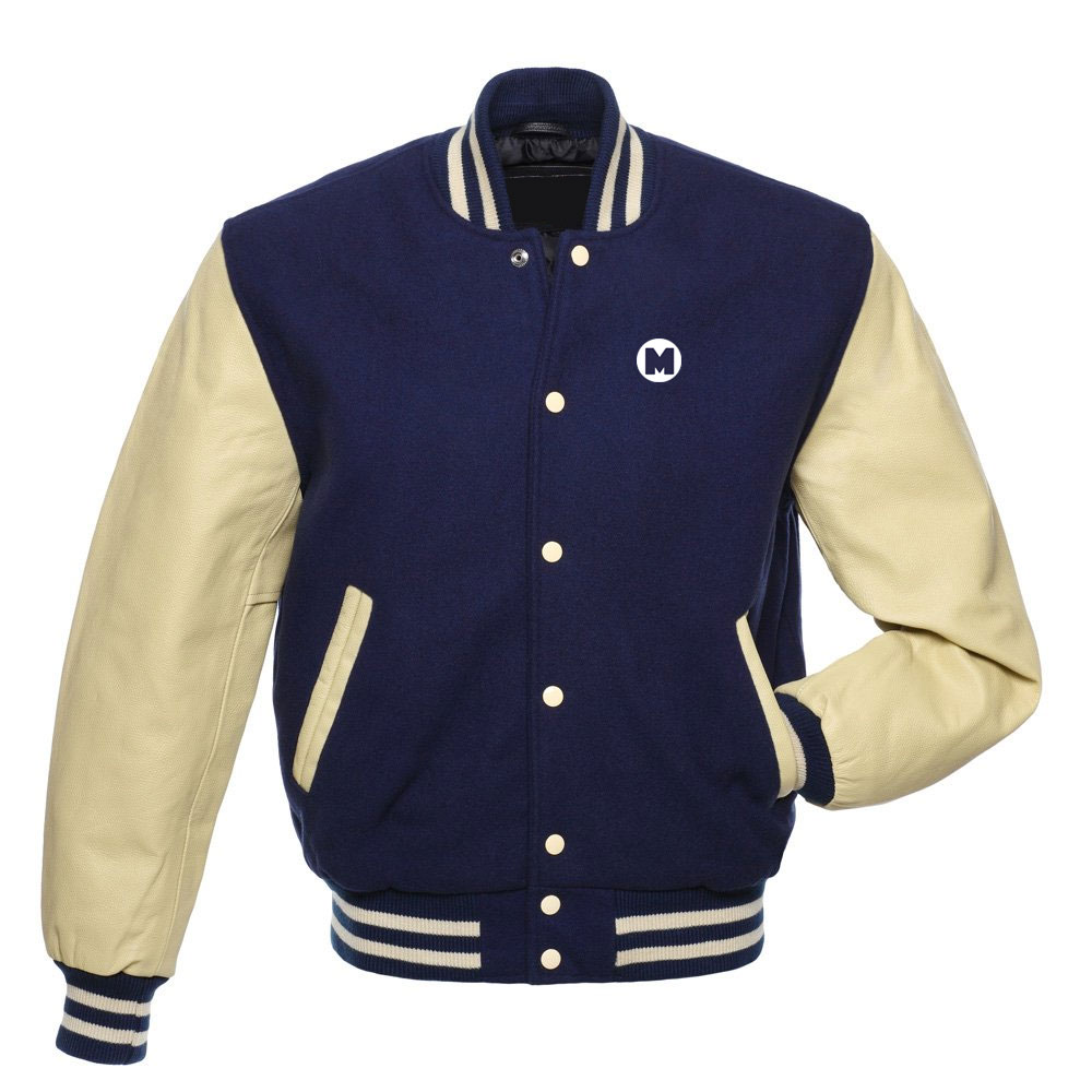 Varsity Letterman Jacket Navy Blue Color Wool Leather