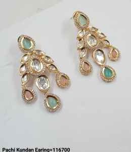 Indian <b>Gold</b> Plated Traditional and Fashionable Kundan and Hanging Pearl Bahubali Earrings for Women and Girls <b>Jewellery</b> Set - Product Image 2