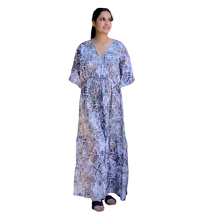 Vestido Boho de Talla Única para Verano y Otoño, de Seda, Corte A, Cuello en V, Manga Corta, Estampado Floral, Paisley y Puntos, Lavable, Ecológico, Largo hasta el Suelo - Product Image 1