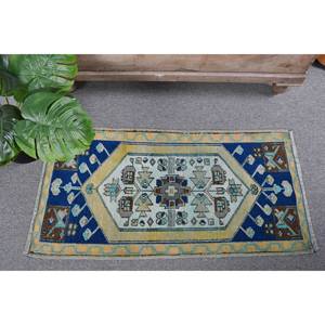 Classique Bleu Beige 1.7 X 3.4ft Vintage Tapis Turc À La Main Patchwork Conception Laine Bambou Soie Latex pour Salon Couloir Rectangle - Product Image 1