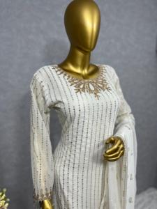 Pantalones de Seda con Encaje y Dupatta, Vestido Casual de Georgette Sintética con Lentejuelas y Diamantes, Bordado Doble, Completamente Cosido, Ropa de Mujer - Product Image 4