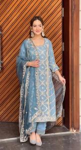 New Designer Fully Stitched Traditional <b>Indian</b> Pakistani Party Wear Set Faux Georgette Fabric <b>Top</b> Palazzo Dupatta - Product Image 3