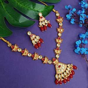 Indian Maunfacture Jewelry Set Faux Pearl Kundan Colgante Strand Collar Set Indian dangle Pendientes Set para mujeres, Rojo - Product Image 2