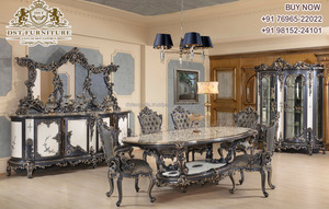 ชุดเฟอร์นิเจอร์โต๊ะอาหาร6ที่นั่งแกะสลักด้วยมือ,โต๊ะทานอาหารไม้สักมหาราจาดีไซน์แกะสลักจากยุโรปสีทองชั้นเยี่ยม - Product Image 2