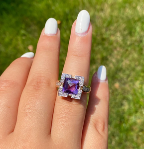 Bague lourde en or jaune massif 14k avec damier taillé violet améthyste Vintage Antique Style rétro bijoux en argent - Product Image 3