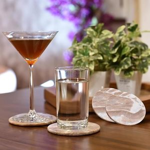 Posavasos de mármol de piedra extravagante Juego de 4 con soporte de mármol Hecho a mano Embutido de mármol Acacia Cubierta de bebida posavasos - Product Image 3