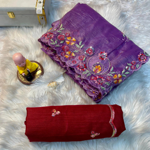 Les séquences de broderie multi-couleurs Heavy Premium Crush C-Pallu fonctionnent avec Zari Coding Work N Cut Work Border Prêt à porter Saree - Product Image 1