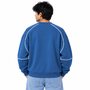 Wholesale <b>Men's</b> Blue Crew Neck <b>Sweatshirt</b> Contrast <b>White</b> Chest Panel Piping Relaxed Fit Fleece Pullover Streetwear Custom Logo - Product Image 2