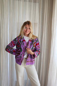 Chaqueta Bomber de Mujer Estilo Boho Chic, Tejida en Algodón con Bordado Floral Suzani, Botones, Ecológica, para Otoño e Invierno - Product Image 5