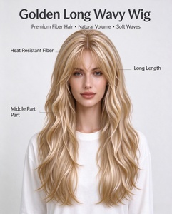 Golden Long Wavy <b>Wig</b> Heat Resistant <b>Synthetic</b> Hair Middle Part Soft Waves for Daily Wear Cosplay - Product Image 1