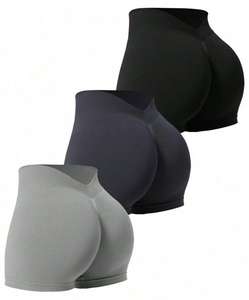 Pantalones cortos deportivos personalizables Pantalones de Yoga de cintura alta personalizables con cintura elástica Patrón sólido Pantalones cortos de nylon Spandex - Product Image 1