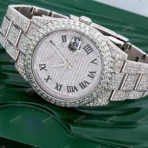 Montre de luxe en moissanite avec diamant et chiffres romains glacés avec bracelet en acier inoxydable et affichage de la date Montre unisexe de qualité supérieure - Product Image 1