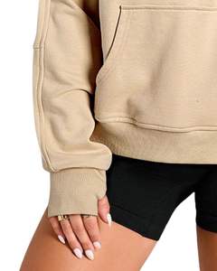 Sudadera con Capucha de Forro Polar Beige para Mujer, Sudadera Holgada con Media Cremallera y Bolsillo Tipo Canguro, Informal, para Invierno, Ropa de Calle - Product Image 5