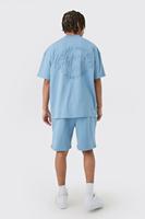 Yeni boy genişletilmiş boyun resmi adam kabartmalı T-shirt & kısa Set yaz erkek Set plaj kıyafeti Baggy stil eşleştirme Mens Set