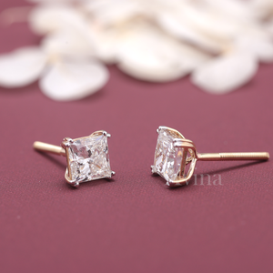 IGI Certified Lab Grown Diamond Princess Cut Stud Earrings 14K <b>White</b> / Rose & Yellow Gold Square Solitaire Diamond Earrings - Product Image 5