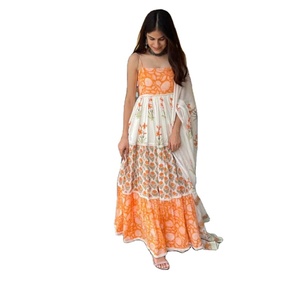 Tangerine Flora Tiered Suit Set Indian Fashion Styling High End Quality <b>Kurti</b> and Pants From Indian Manufacturer - Product Image 1