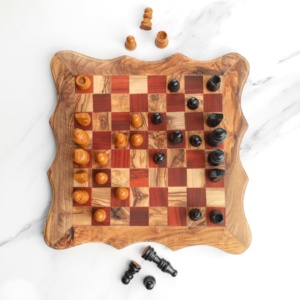 Wavy Edge Olive Wood <b>Chess</b> <b>Board</b> with Red Squares, Rustic Decorative Game <b>Board</b> 22–41 cm, Wholesale - Product Image 3