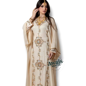Abaya longue A-line pour femmes arabes AWAIS HOUSE, broderie de cristaux et de paillettes, tissu en velours de chiffon, écologique et lavable - Product Image 1