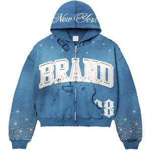 Fabricant personnalisé Boxy en strass recadrée pour hommes en diamant 420gsm lourd appliqué vieilli patch lavage à l'acide sweat à capuche zippé - Product Image 2