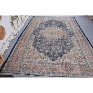 Alfombra turca Vintage clásica 7,2X10,8 pies hecha a mano negro Beige Patchwork diseño lana poliéster Material látex respaldo para la vida - Product Image 4